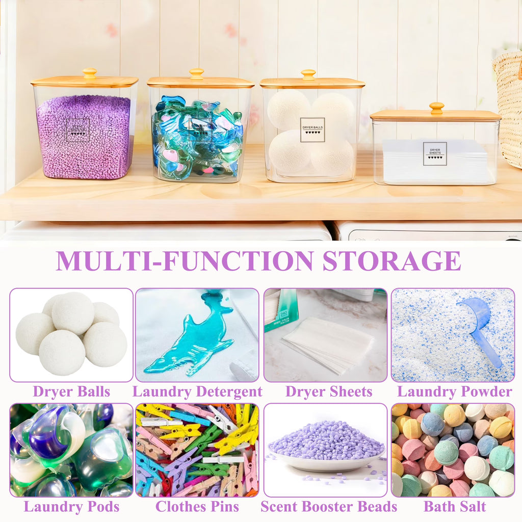4 Pack Laundry Pods Container, Clear Laundry Room Organization and Storage with Bamboo Lids and Labels, Laundry Detergent Container for Powder