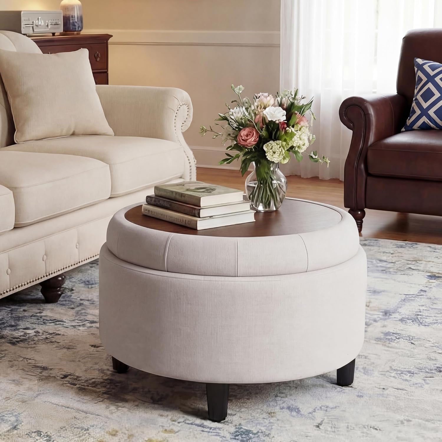 round Hidden Storage Ottoman with Reversible Tray Lid – Multi-Functional Footrest, Sturdy & Stylish Fabric Coffee Table for Living Room, Bedroom, or Entryway, Beige