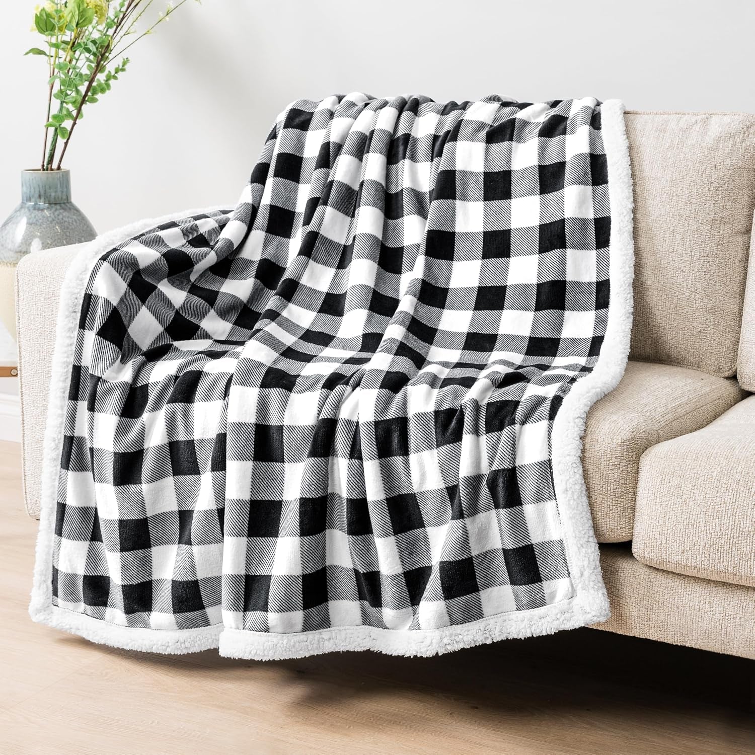 Queen Checkered Sherpa Blanket Couch Sofa Bed, White Black, 90X90 | GSM 460; Plush Flannel Fleece with Buffalo Plaid; Warm&Cozy for Home; Perfect Fall & Winter Decor Holiday Christmas Gift