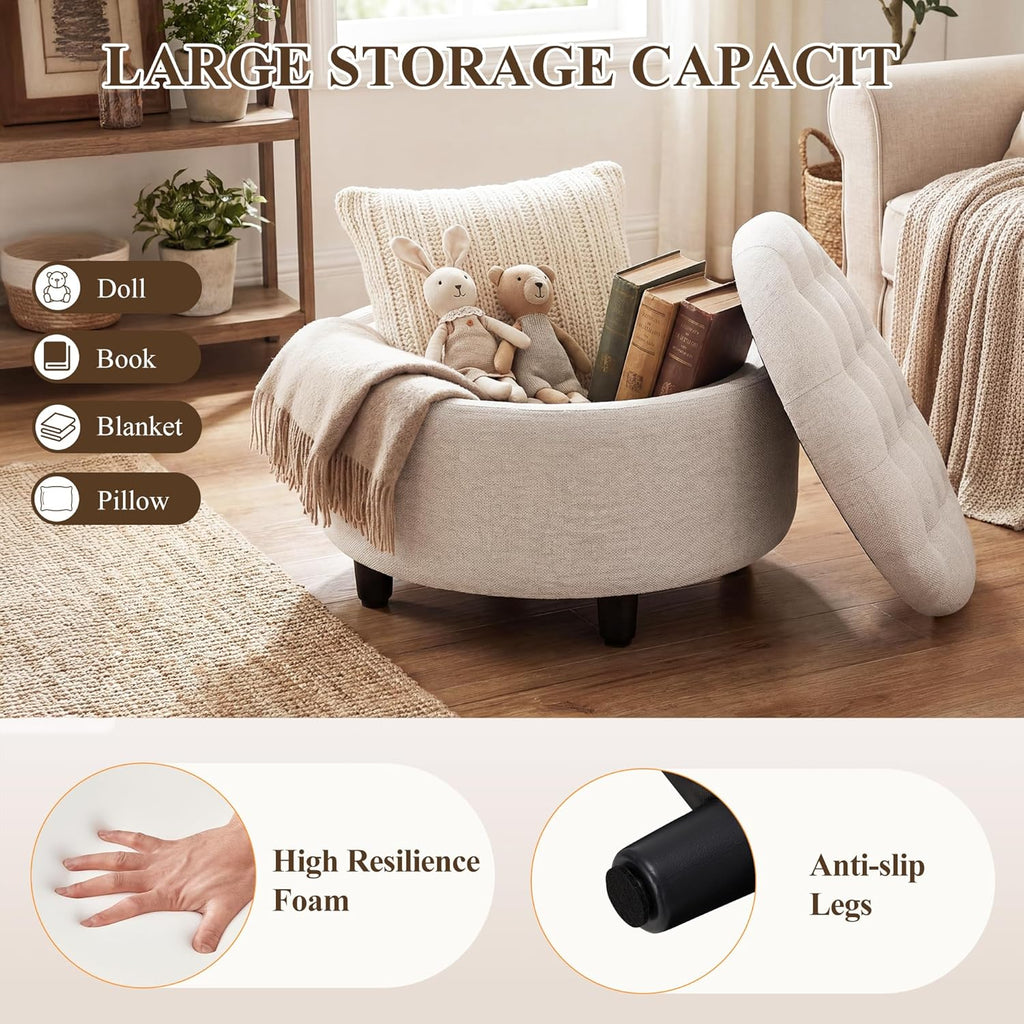 round Hidden Storage Ottoman with Reversible Tray Lid – Multi-Functional Footrest, Sturdy & Stylish Fabric Coffee Table for Living Room, Bedroom, or Entryway, Beige