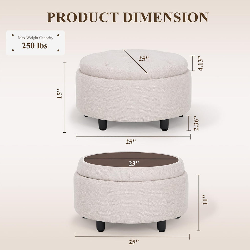round Hidden Storage Ottoman with Reversible Tray Lid – Multi-Functional Footrest, Sturdy & Stylish Fabric Coffee Table for Living Room, Bedroom, or Entryway, Beige
