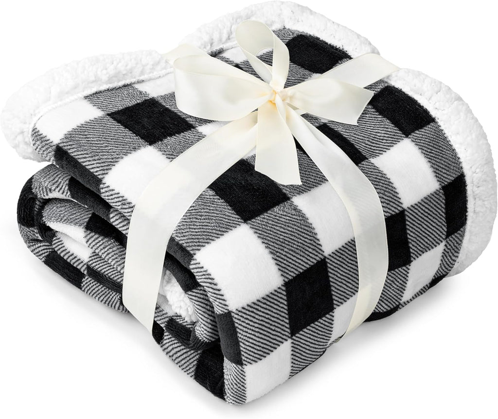 Queen Checkered Sherpa Blanket Couch Sofa Bed, White Black, 90X90 | GSM 460; Plush Flannel Fleece with Buffalo Plaid; Warm&Cozy for Home; Perfect Fall & Winter Decor Holiday Christmas Gift