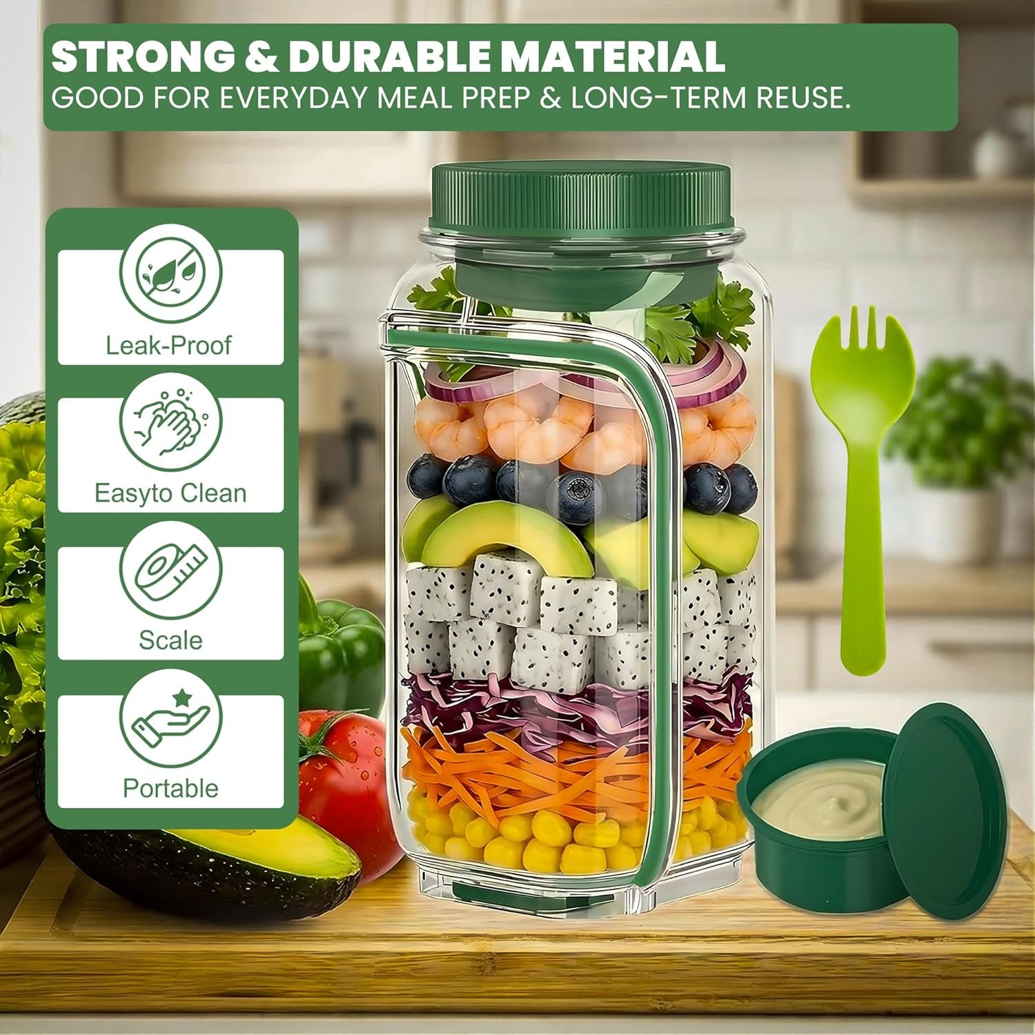 Salad Pod Portable Salad Jar with Leakproof Dressing Container, Meal Prep, Food Storage Container for Office, Work, Travel, Picnic, Gym and Outdoor Use