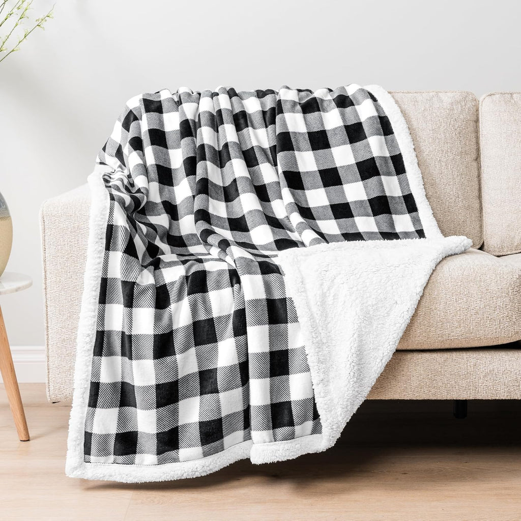 Queen Checkered Sherpa Blanket Couch Sofa Bed, White Black, 90X90 | GSM 460; Plush Flannel Fleece with Buffalo Plaid; Warm&Cozy for Home; Perfect Fall & Winter Decor Holiday Christmas Gift