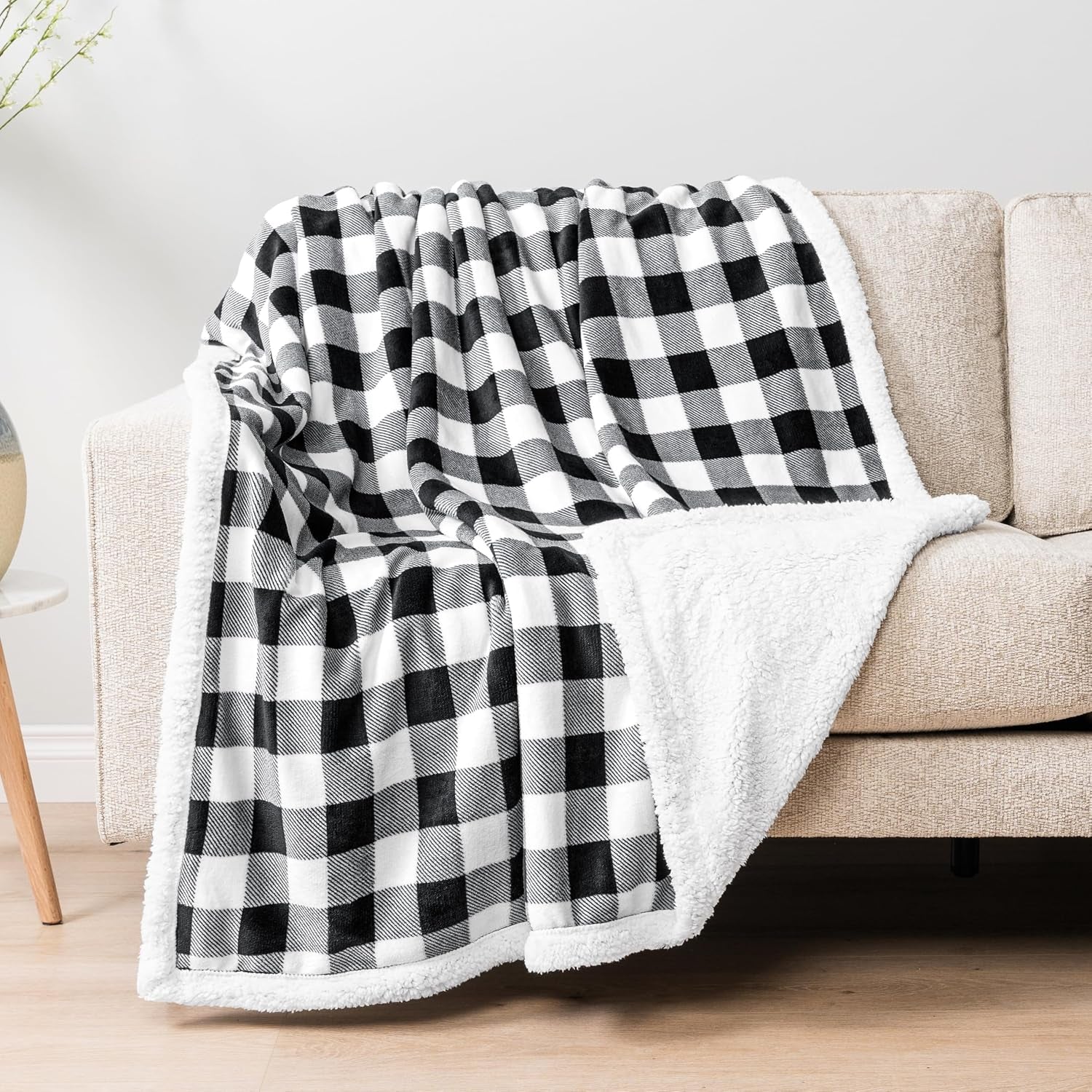 Queen Checkered Sherpa Blanket Couch Sofa Bed, White Black, 90X90 | GSM 460; Plush Flannel Fleece with Buffalo Plaid; Warm&Cozy for Home; Perfect Fall & Winter Decor Holiday Christmas Gift