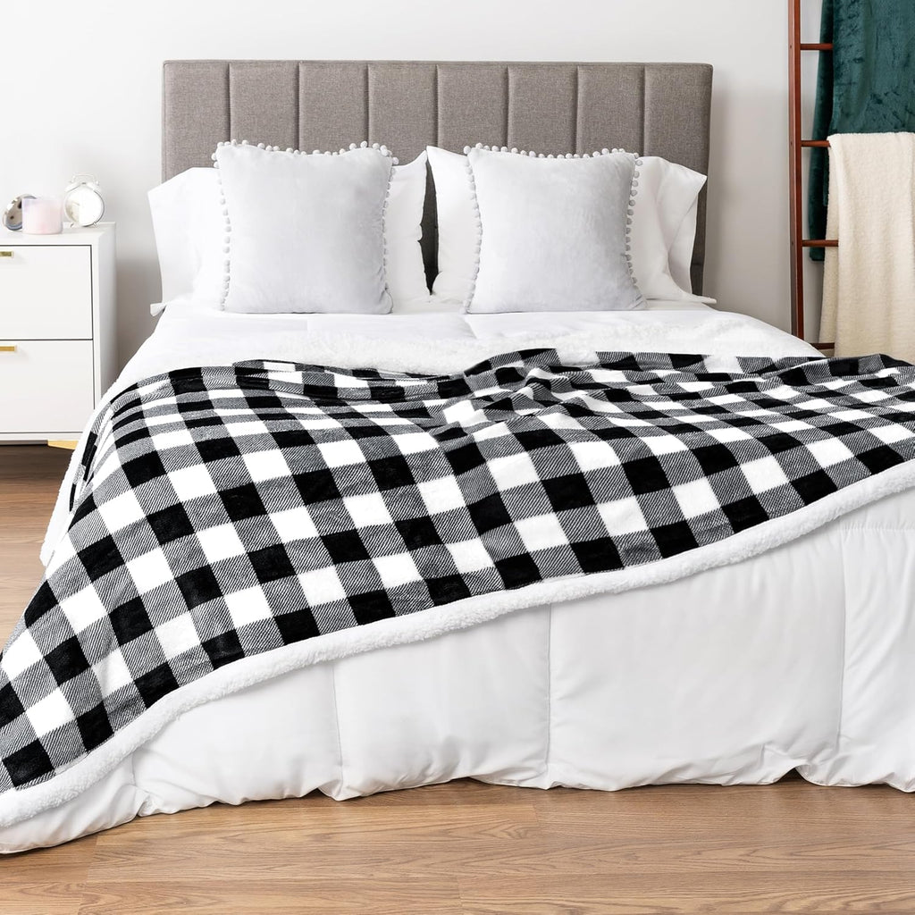 Queen Checkered Sherpa Blanket Couch Sofa Bed, White Black, 90X90 | GSM 460; Plush Flannel Fleece with Buffalo Plaid; Warm&Cozy for Home; Perfect Fall & Winter Decor Holiday Christmas Gift
