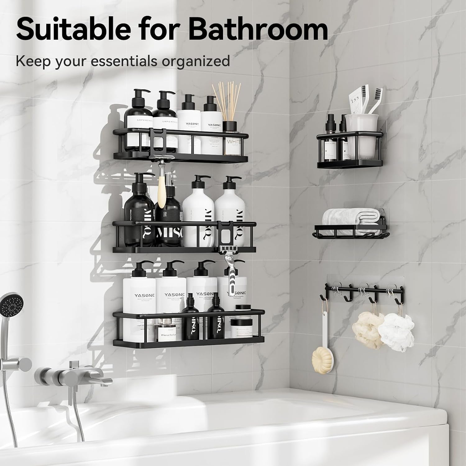 Shower Caddy Adhesive, Rustproof Shower Organizer with Soap Holder, Large Capacity Shower Shelves for inside Shower, No Drilling Bathroom Organizers and Storage for Home Decor 6 Pack Black