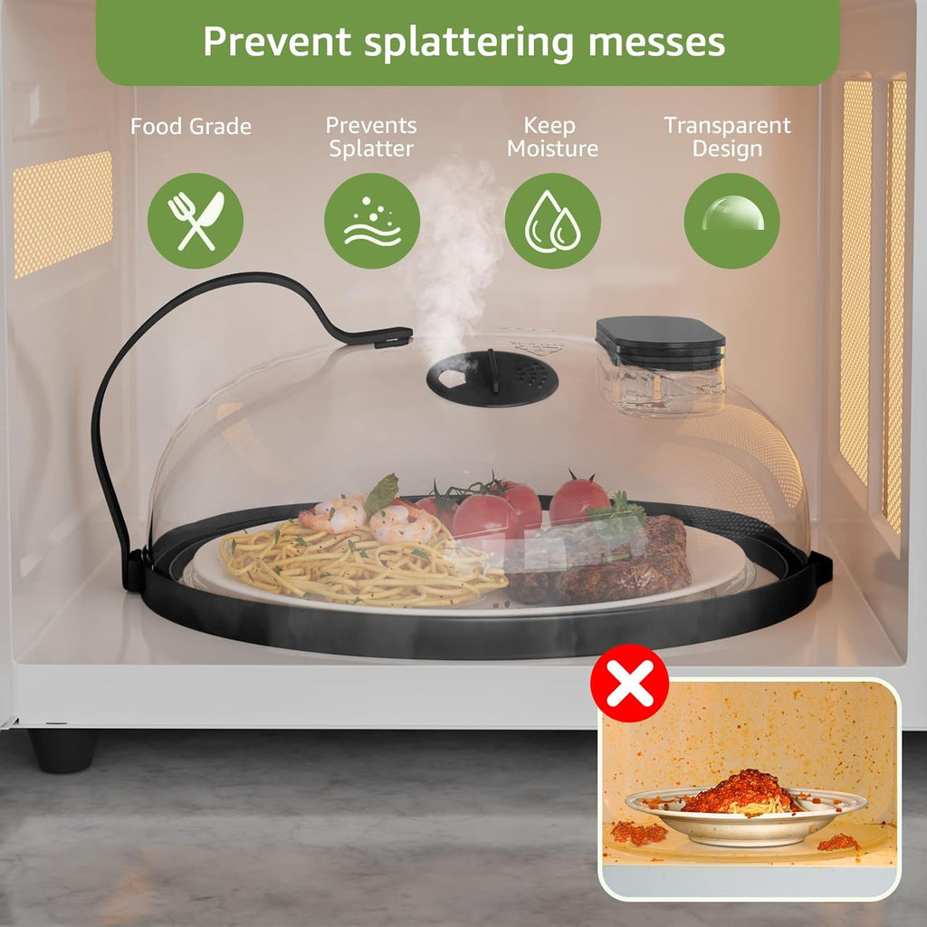 Microwave Splatter Cover with Water Steamer for Food - 10 Inch Steam Microwave Splatter Guard with Handle Splash Oven Lid with Built in Steamer Plate Covers for Heating Food - Black