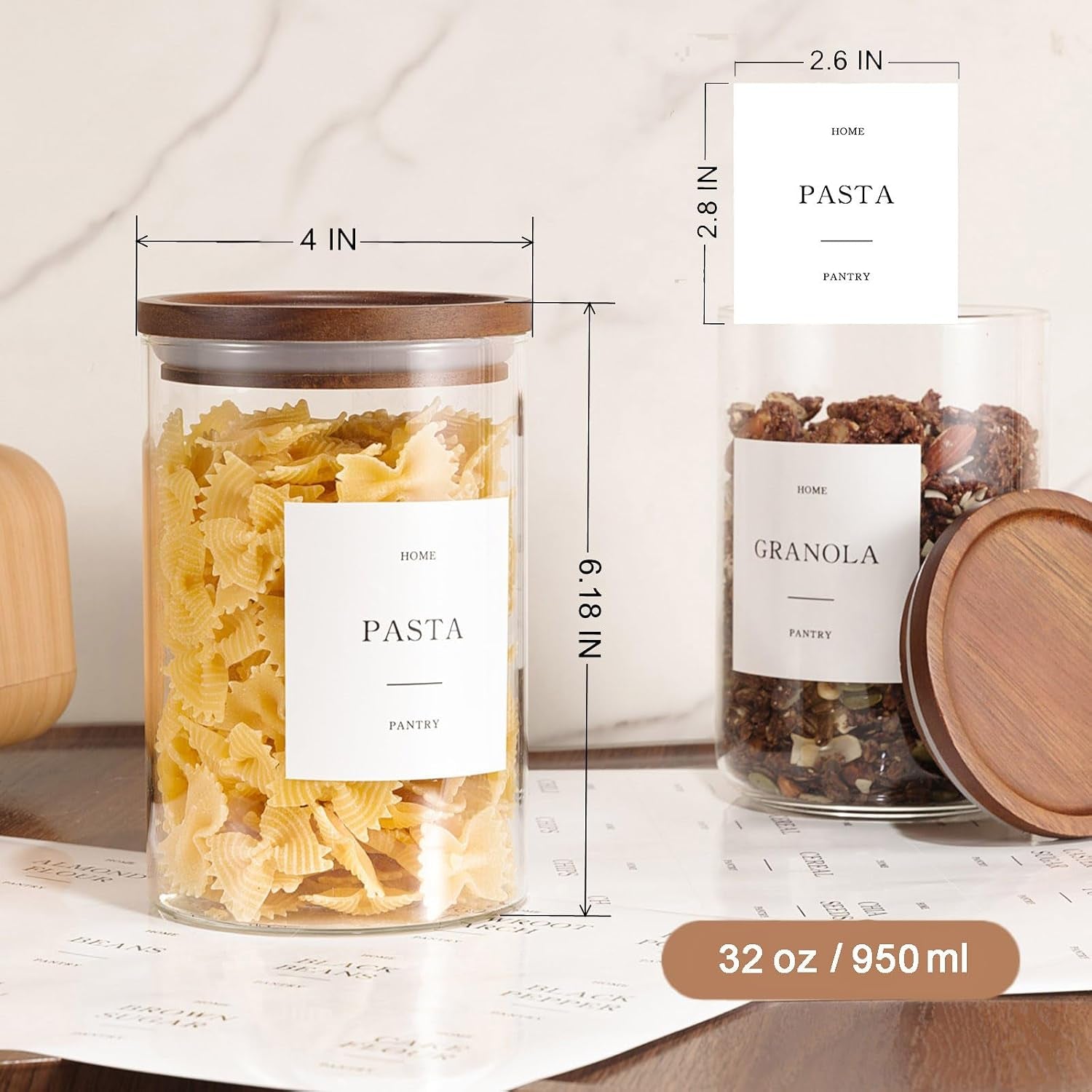 6 Pack Glass Jars with Acacia Lids, 32Oz Pantry Airtight Storage Containers | Glass Kitchen Canisters with 105 Labels, Food Storage Containers for Pantry with Wood Lids for Coffee, Tea, Sugar, Pasta