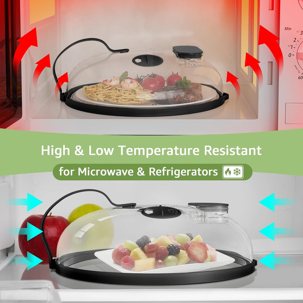 Microwave Splatter Cover with Water Steamer for Food - 10 Inch Steam Microwave Splatter Guard with Handle Splash Oven Lid with Built in Steamer Plate Covers for Heating Food - Black