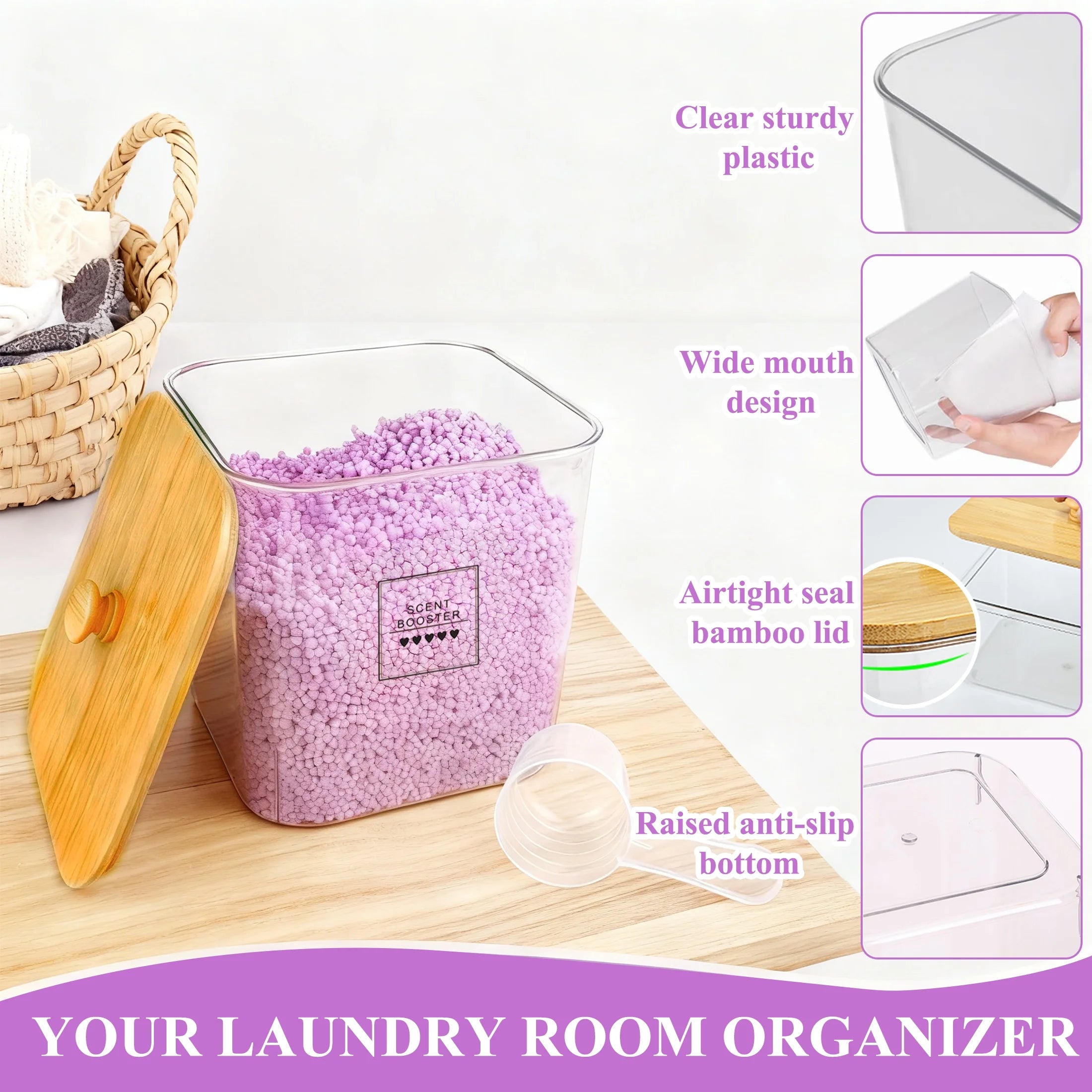 4 Pack Laundry Pods Container, Clear Laundry Room Organization and Storage with Bamboo Lids and Labels, Laundry Detergent Container for Powder