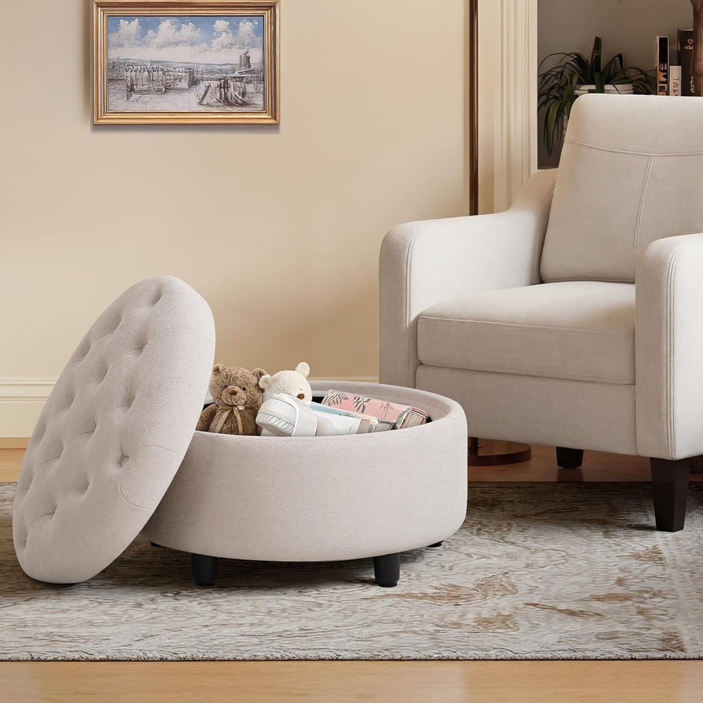 round Hidden Storage Ottoman with Reversible Tray Lid – Multi-Functional Footrest, Sturdy & Stylish Fabric Coffee Table for Living Room, Bedroom, or Entryway, Beige