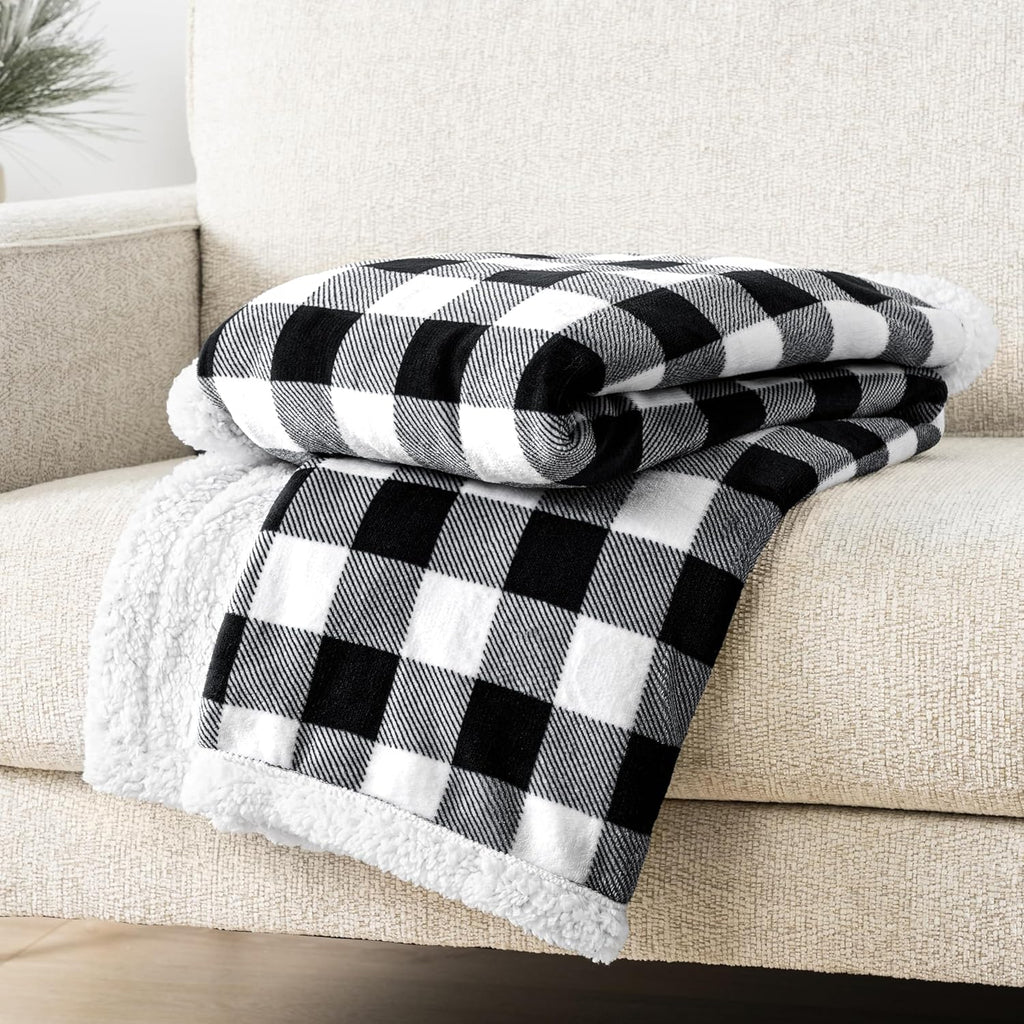 Queen Checkered Sherpa Blanket Couch Sofa Bed, White Black, 90X90 | GSM 460; Plush Flannel Fleece with Buffalo Plaid; Warm&Cozy for Home; Perfect Fall & Winter Decor Holiday Christmas Gift