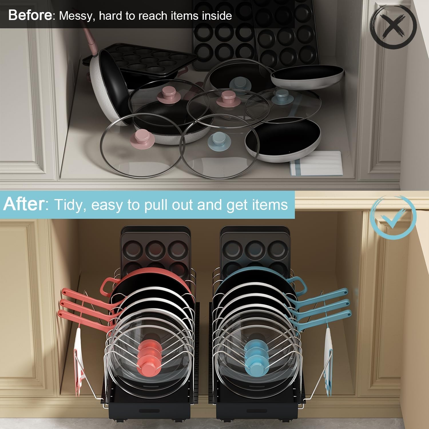 Pots and Pans Organizer under Cabinet, 22" Deep Expandable, 2 Pack