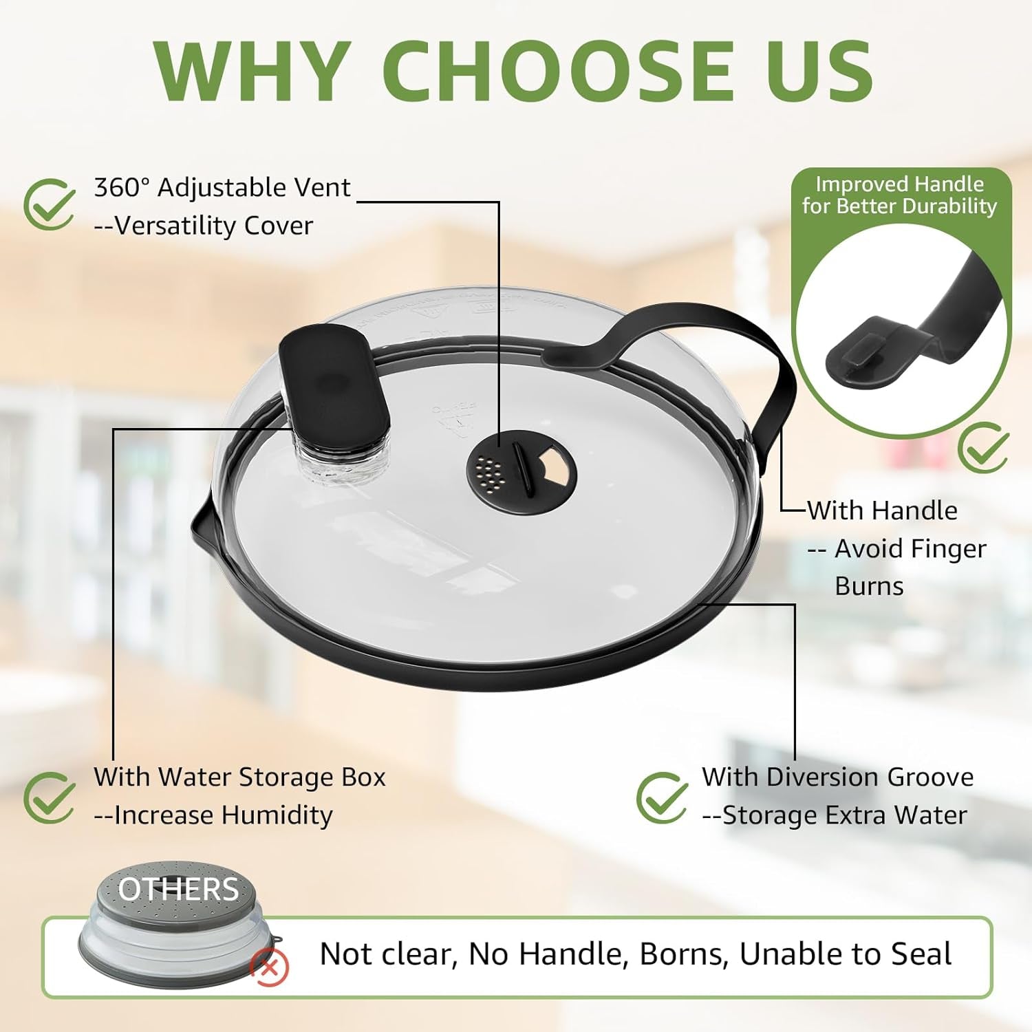 Microwave Splatter Cover with Water Steamer for Food - 10 Inch Steam Microwave Splatter Guard with Handle Splash Oven Lid with Built in Steamer Plate Covers for Heating Food - Black