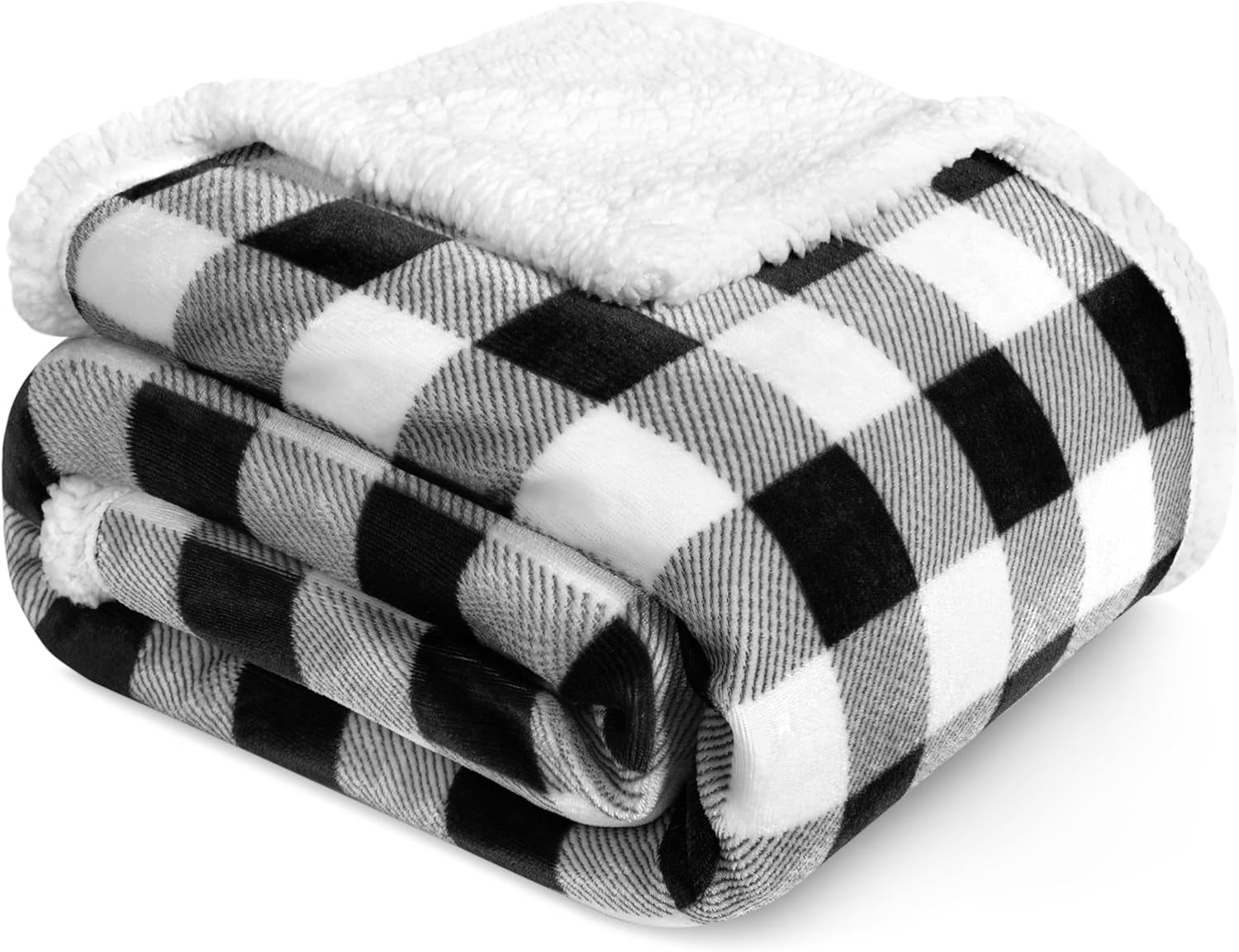 Queen Checkered Sherpa Blanket Couch Sofa Bed, White Black, 90X90 | GSM 460; Plush Flannel Fleece with Buffalo Plaid; Warm&Cozy for Home; Perfect Fall & Winter Decor Holiday Christmas Gift