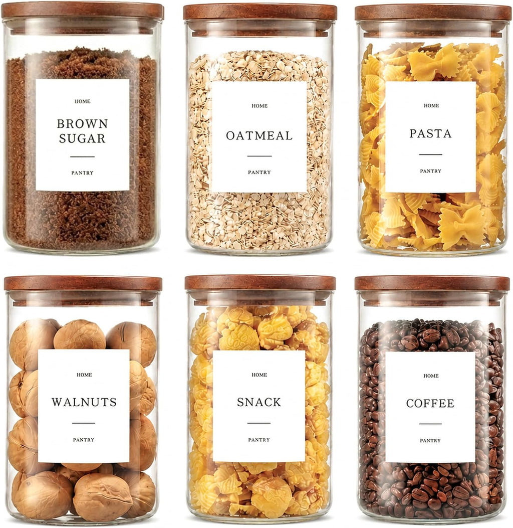 6 Pack Glass Jars with Acacia Lids, 32Oz Pantry Airtight Storage Containers | Glass Kitchen Canisters with 105 Labels, Food Storage Containers for Pantry with Wood Lids for Coffee, Tea, Sugar, Pasta