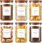 6 Pack Glass Jars with Acacia Lids, 32Oz Pantry Airtight Storage Containers | Glass Kitchen Canisters with 105 Labels, Food Storage Containers for Pantry with Wood Lids for Coffee, Tea, Sugar, Pasta