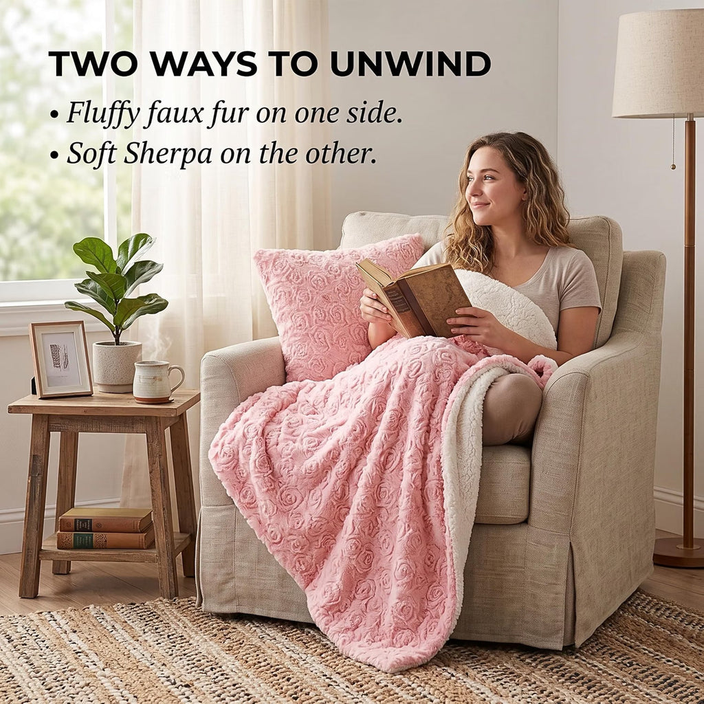 Luxury Blossom Pink Rose Buds Pink Sherpa Backside Faux Fur Throw Blanket