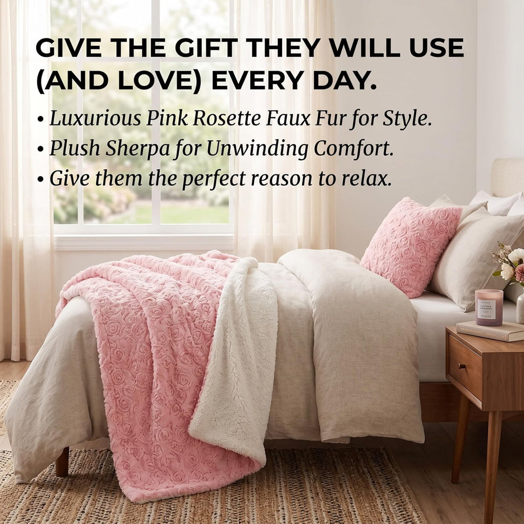 Luxury Blossom Pink Rose Buds Pink Sherpa Backside Faux Fur Throw Blanket