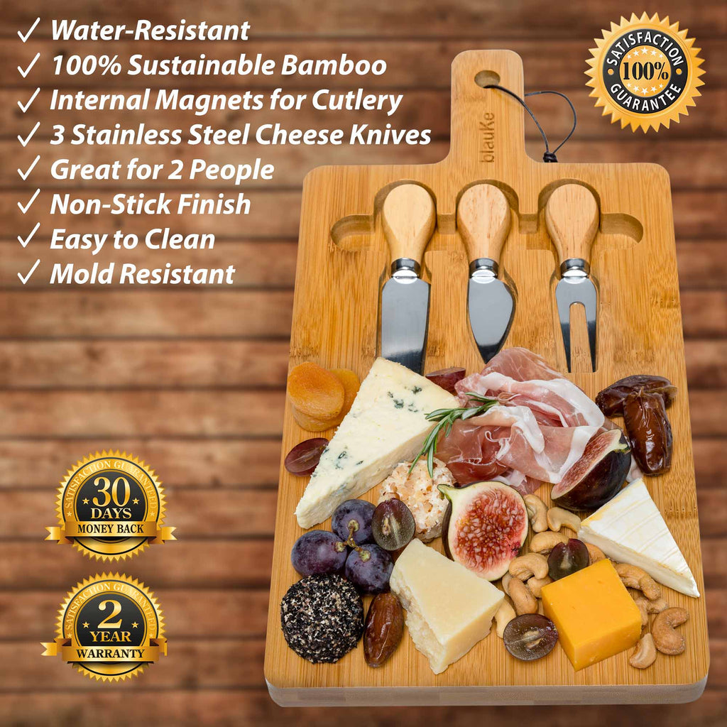 Bamboo Cheese Board and Knife Set - Wood Serving Tray with Handle