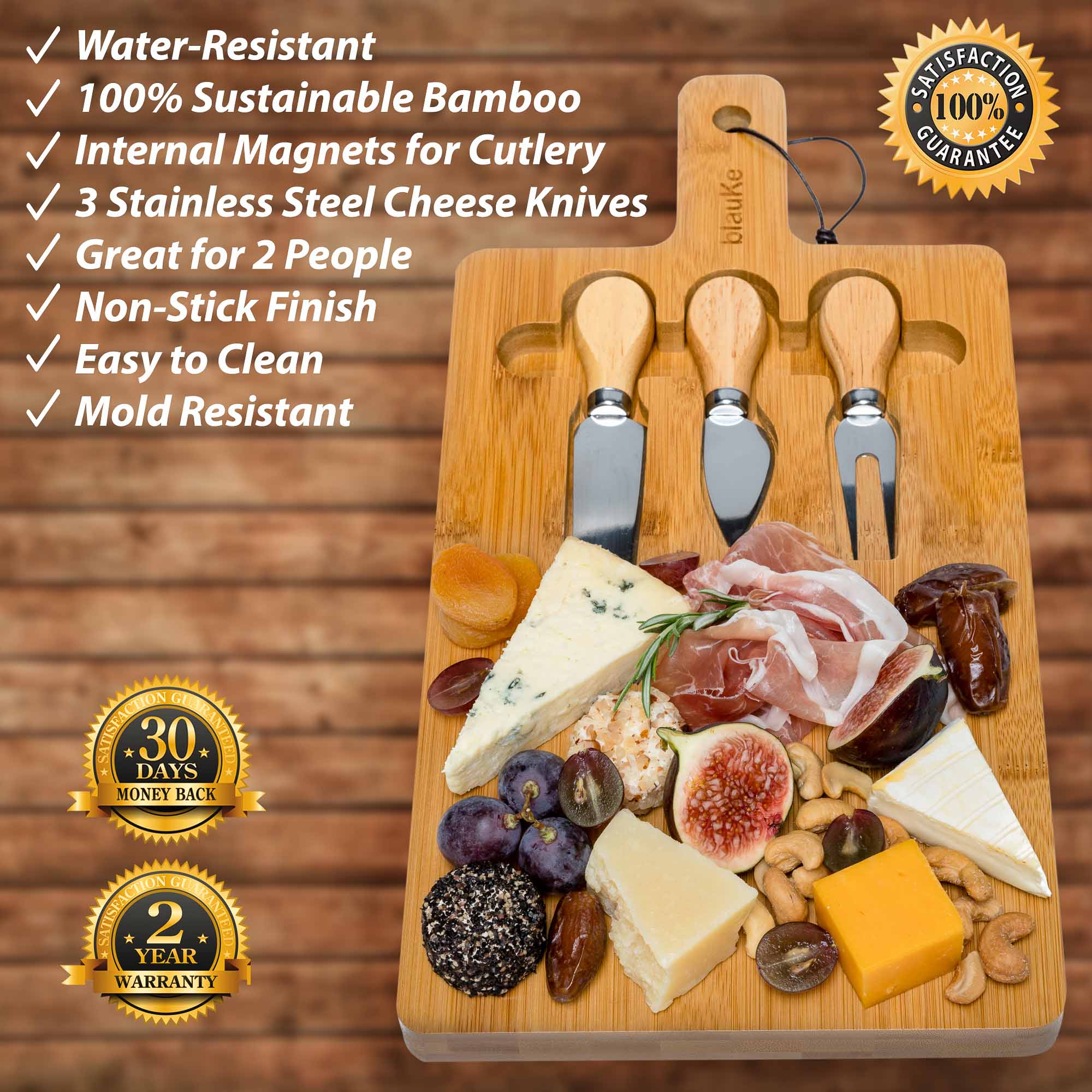 Bamboo Cheese Board and Knife Set - Wood Serving Tray with Handle
