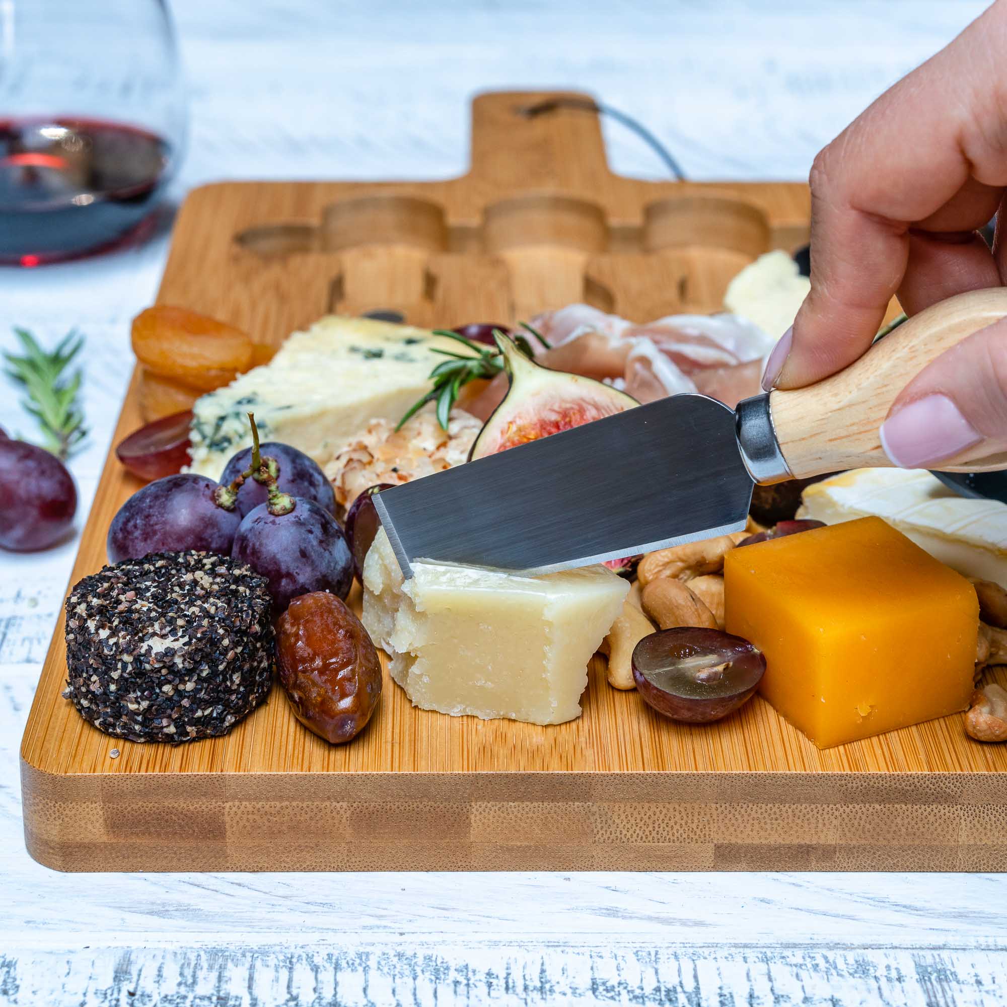 Bamboo Cheese Board and Knife Set - Wood Serving Tray with Handle