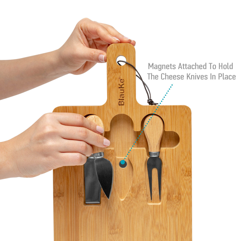 Bamboo Cheese Board and Knife Set - Wood Serving Tray with Handle