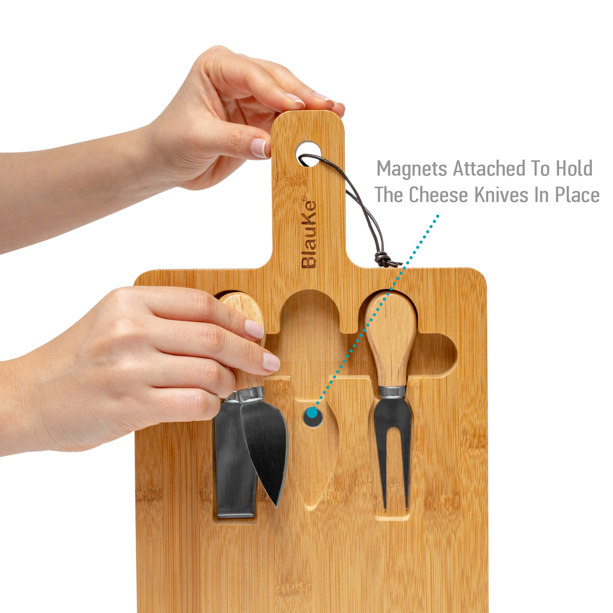 Bamboo Cheese Board and Knife Set - Wood Serving Tray with Handle