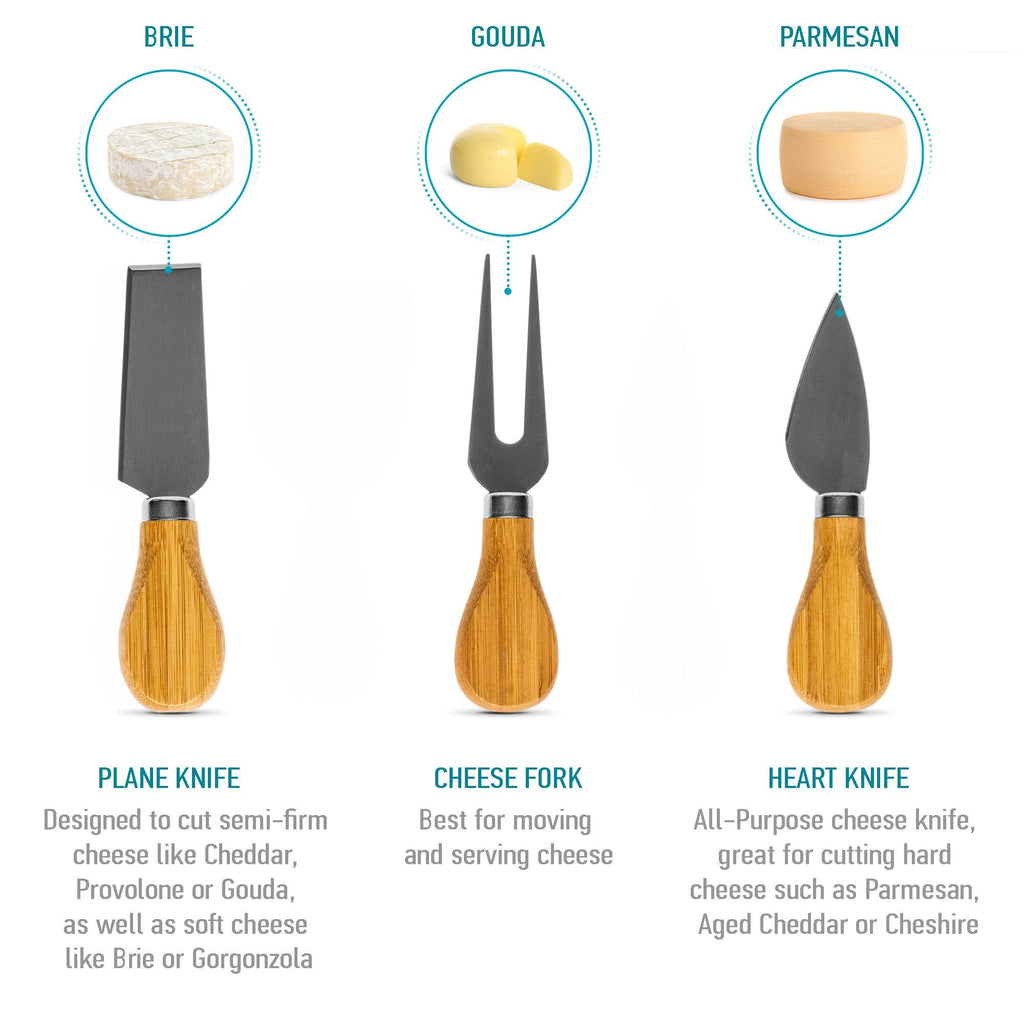 Bamboo Cheese Board and Knife Set - Wood Serving Tray with Handle