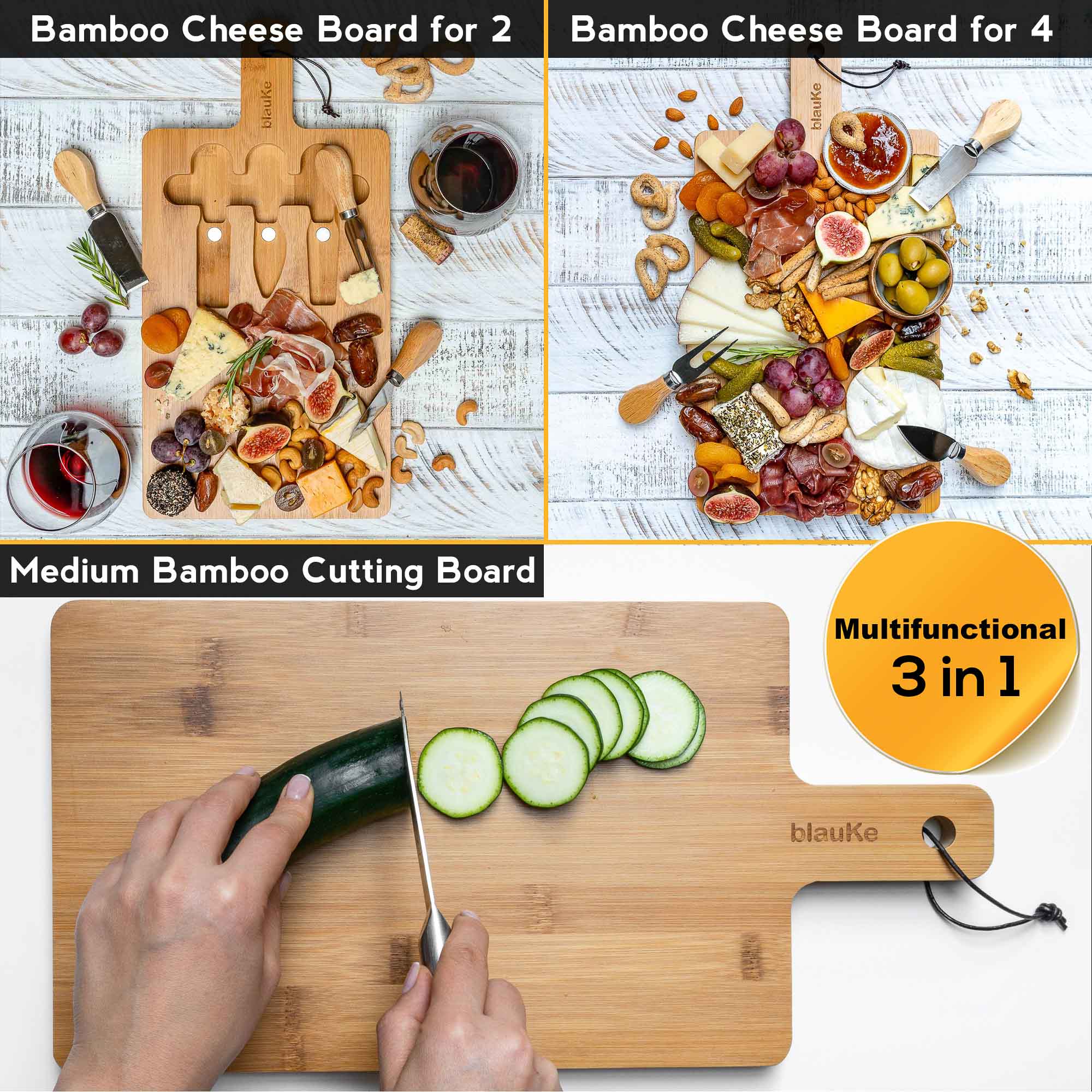 Bamboo Cheese Board and Knife Set - Wood Serving Tray with Handle