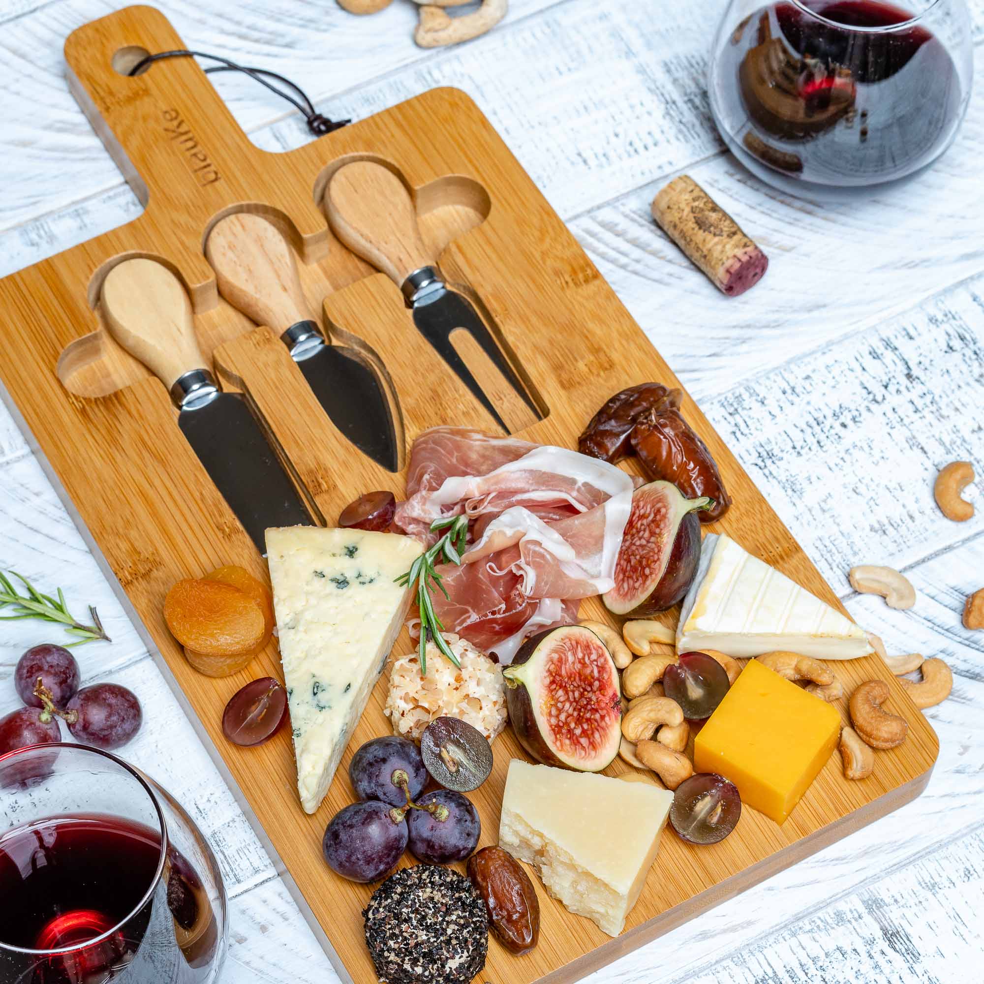Bamboo Cheese Board and Knife Set - Wood Serving Tray with Handle