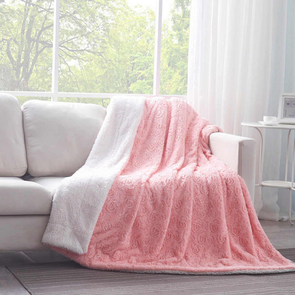 Luxury Blossom Pink Rose Buds Pink Sherpa Backside Faux Fur Throw Blanket