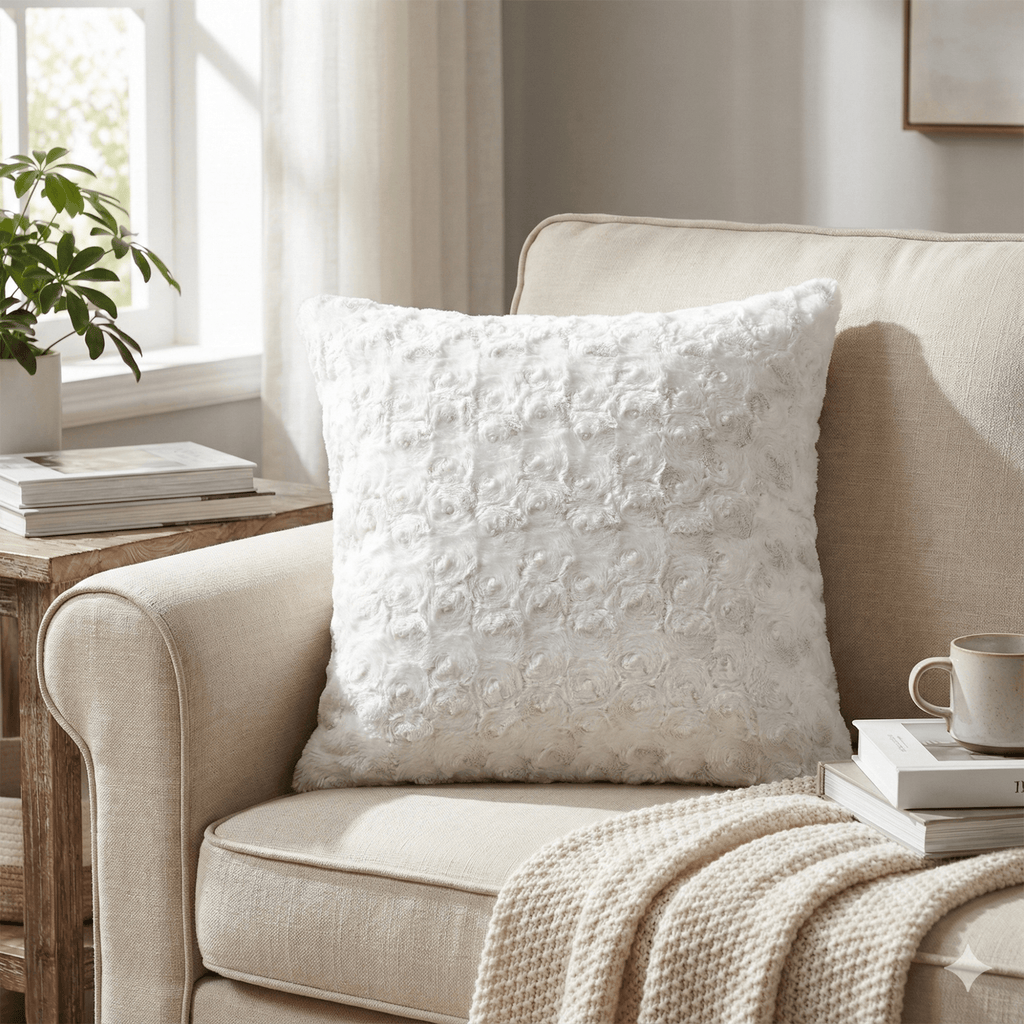 White Roses Faux Fur Decorative Pillow Cover
