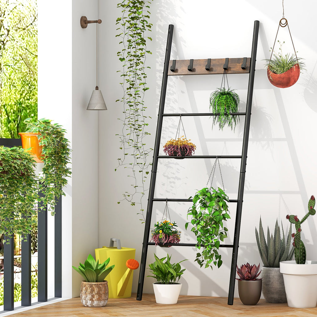 Decorative Blanket Ladder with 5 Removable Hooks