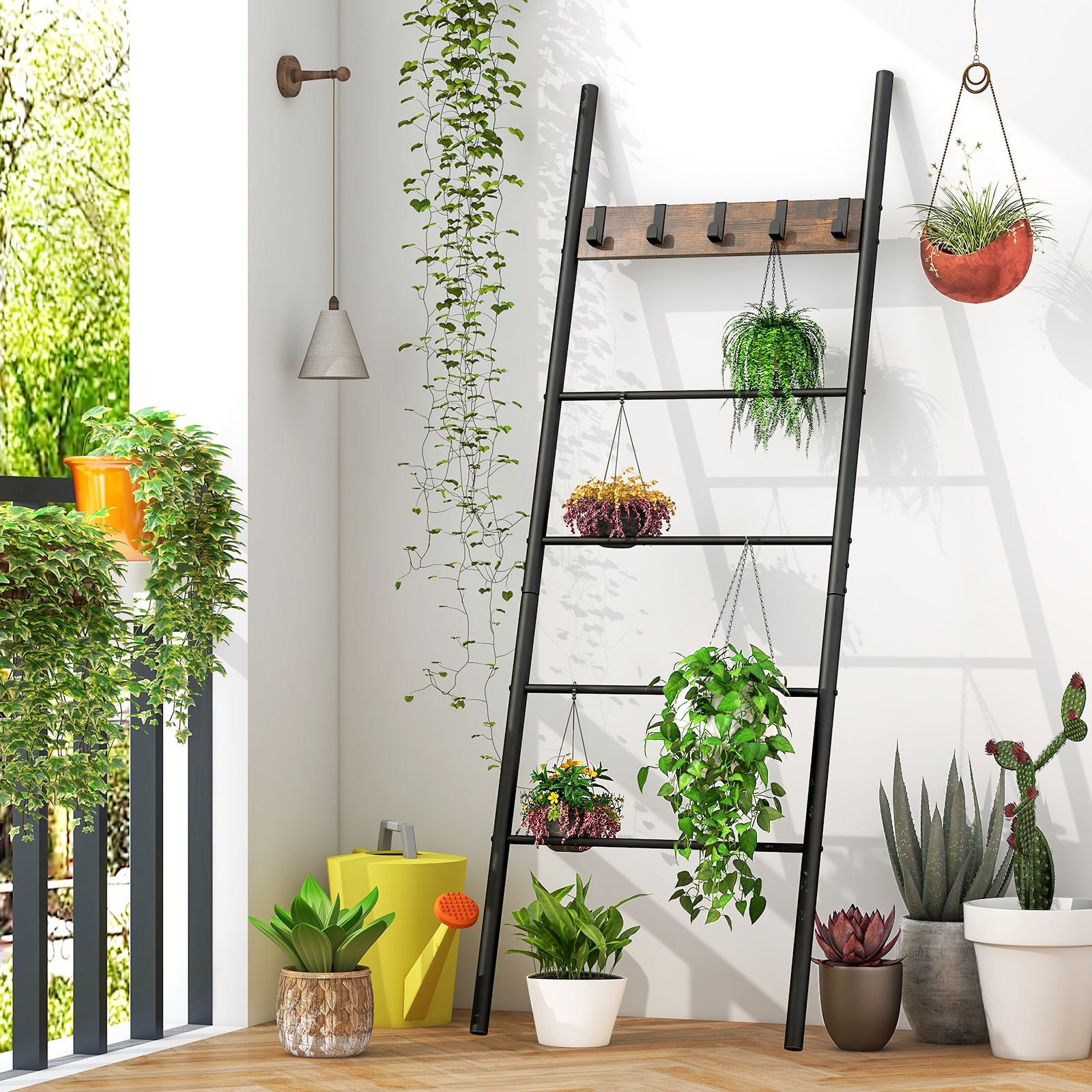 Decorative Blanket Ladder with 5 Removable Hooks