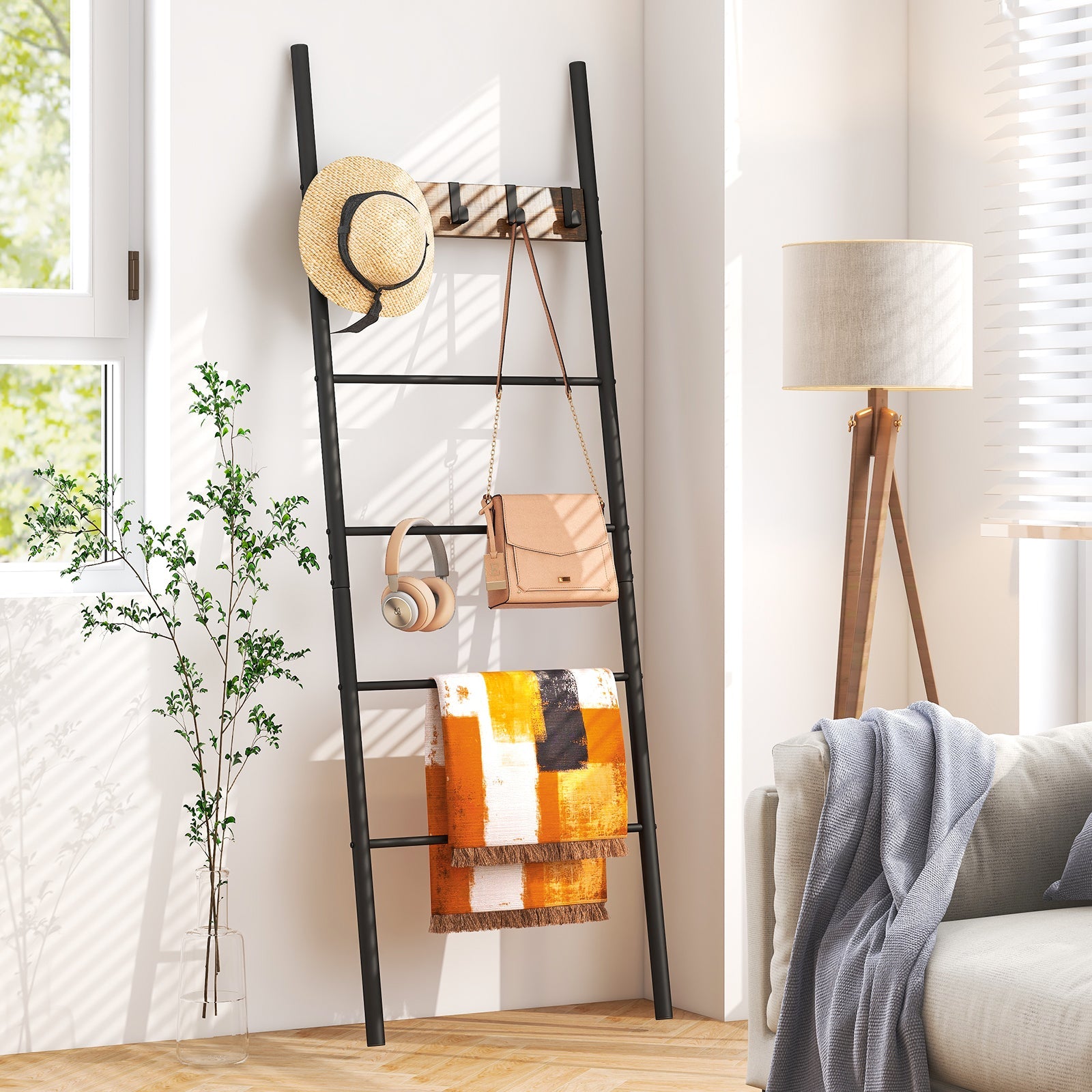 Decorative Blanket Ladder with 5 Removable Hooks