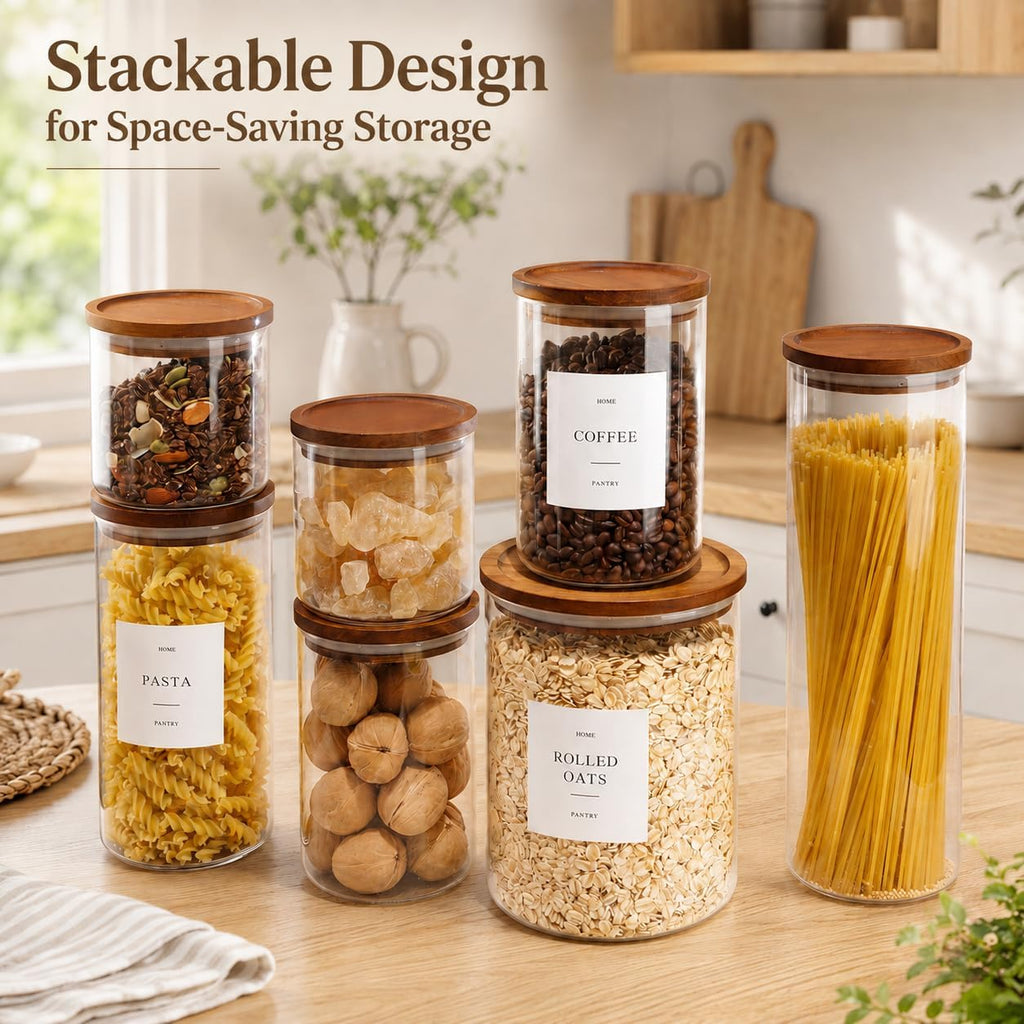 6 Pack Glass Jars with Acacia Lids, 32Oz Pantry Airtight Storage Containers | Glass Kitchen Canisters with 105 Labels, Food Storage Containers for Pantry with Wood Lids for Coffee, Tea, Sugar, Pasta