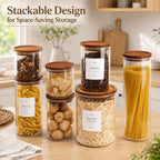6 Pack Glass Jars with Acacia Lids, 32Oz Pantry Airtight Storage Containers | Glass Kitchen Canisters with 105 Labels, Food Storage Containers for Pantry with Wood Lids for Coffee, Tea, Sugar, Pasta