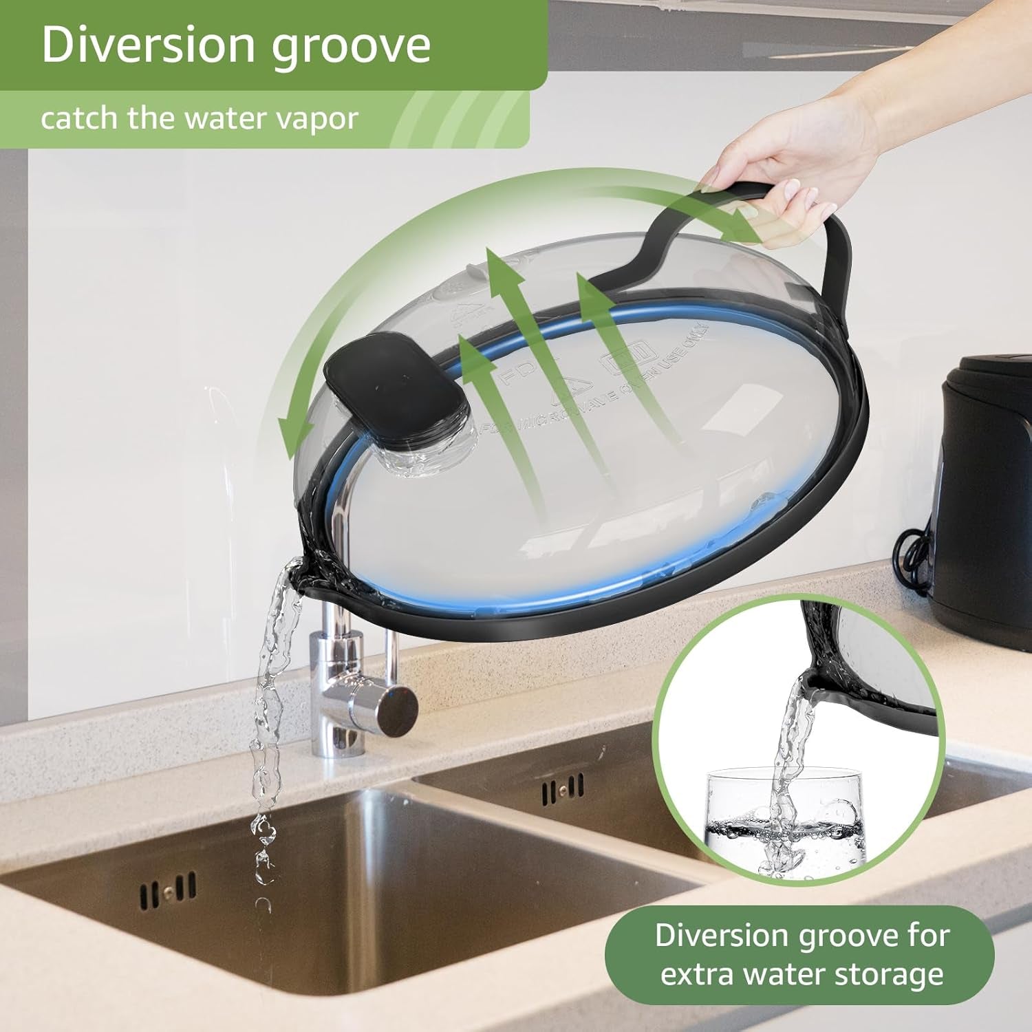 Microwave Splatter Cover with Water Steamer for Food - 10 Inch Steam Microwave Splatter Guard with Handle Splash Oven Lid with Built in Steamer Plate Covers for Heating Food - Black
