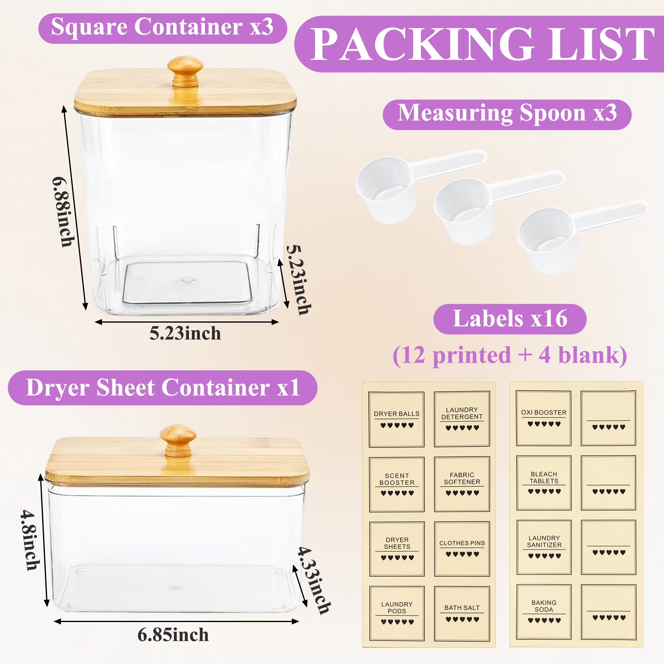 4 Pack Laundry Pods Container, Clear Laundry Room Organization and Storage with Bamboo Lids and Labels, Laundry Detergent Container for Powder