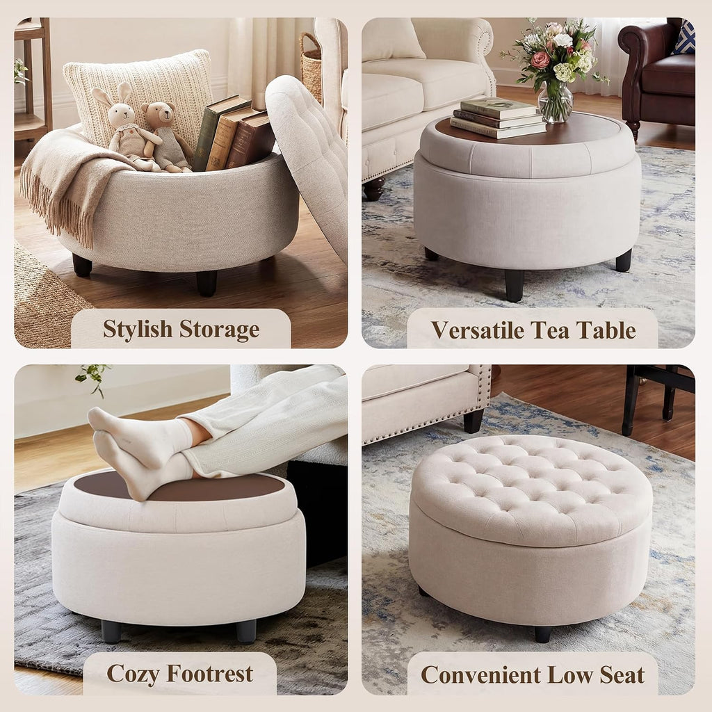 round Hidden Storage Ottoman with Reversible Tray Lid – Multi-Functional Footrest, Sturdy & Stylish Fabric Coffee Table for Living Room, Bedroom, or Entryway, Beige