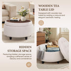 round Hidden Storage Ottoman with Reversible Tray Lid – Multi-Functional Footrest, Sturdy & Stylish Fabric Coffee Table for Living Room, Bedroom, or Entryway, Beige