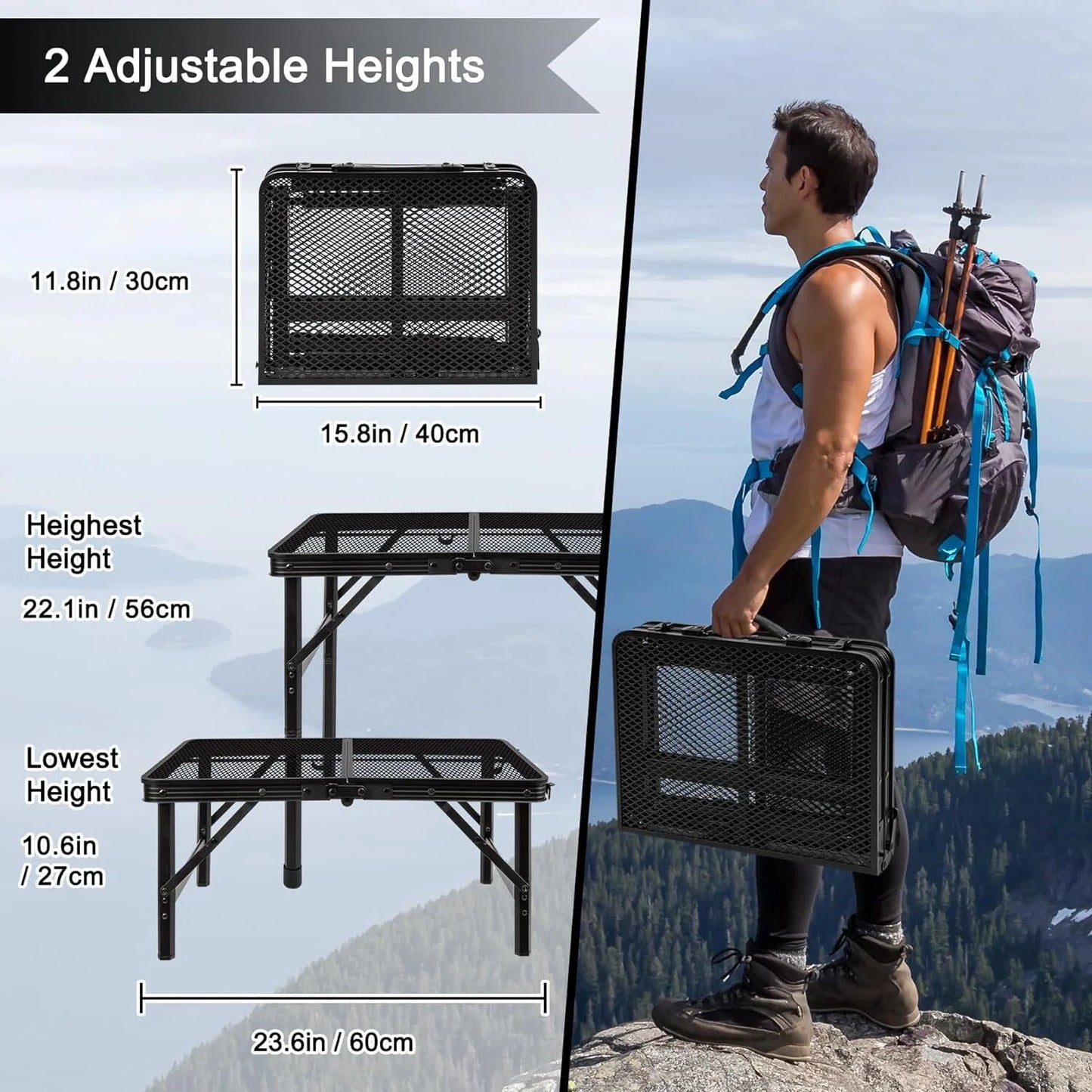 Lightweight Folding Grill Table with Mesh Desktop, Camping Table Folding Portable Camp Aluminum ,Picnic, Backyard, BBQ, Patio, Black