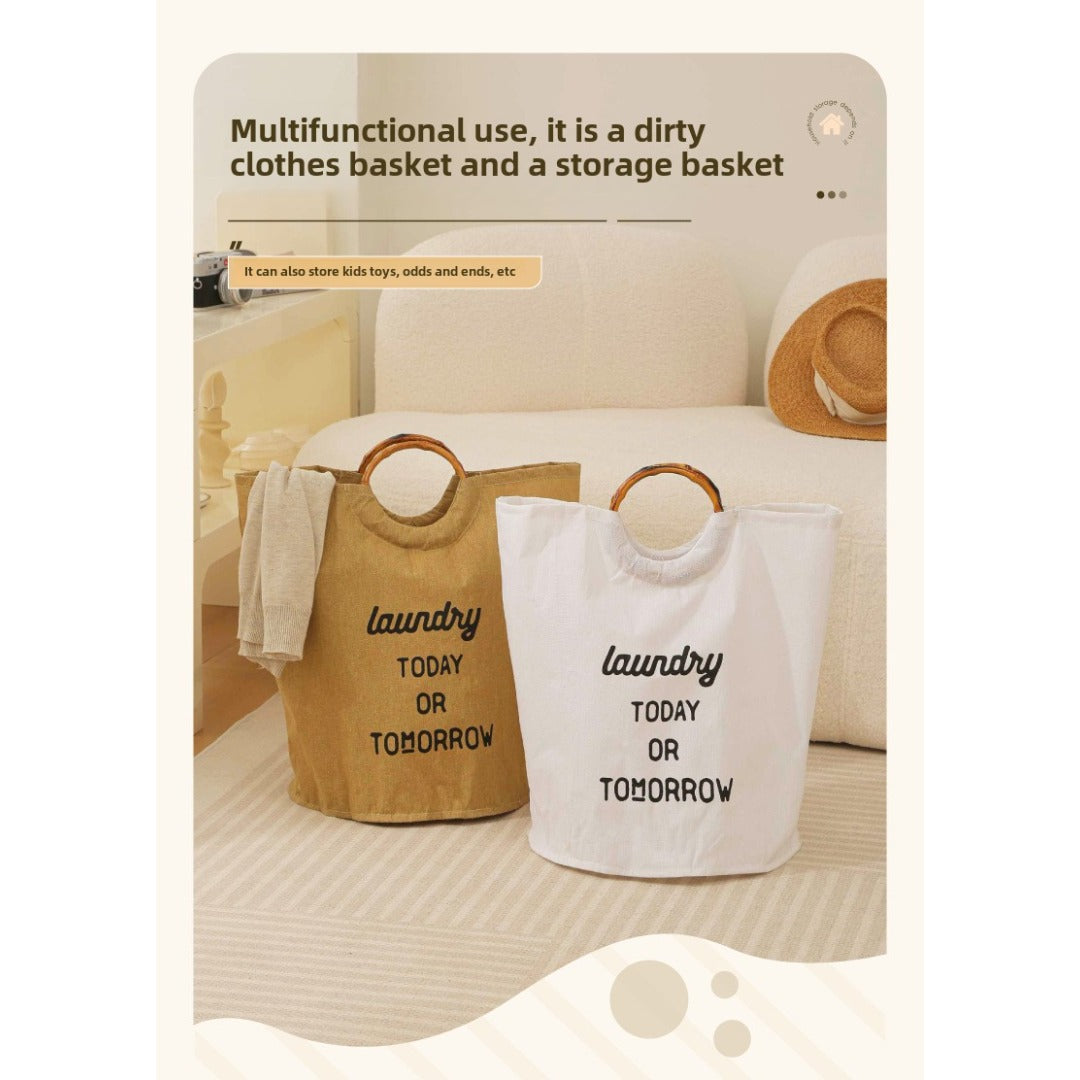 Laundry Today or Tomorrow Large Canvas Laundry Hamper with Bamboo Handles
