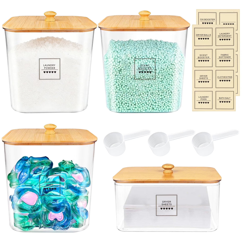 4 Pack Laundry Pods Container, Clear Laundry Room Organization and Storage with Bamboo Lids and Labels, Laundry Detergent Container for Powder