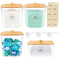 4 Pack Laundry Pods Container, Clear Laundry Room Organization and Storage with Bamboo Lids and Labels, Laundry Detergent Container for Powder