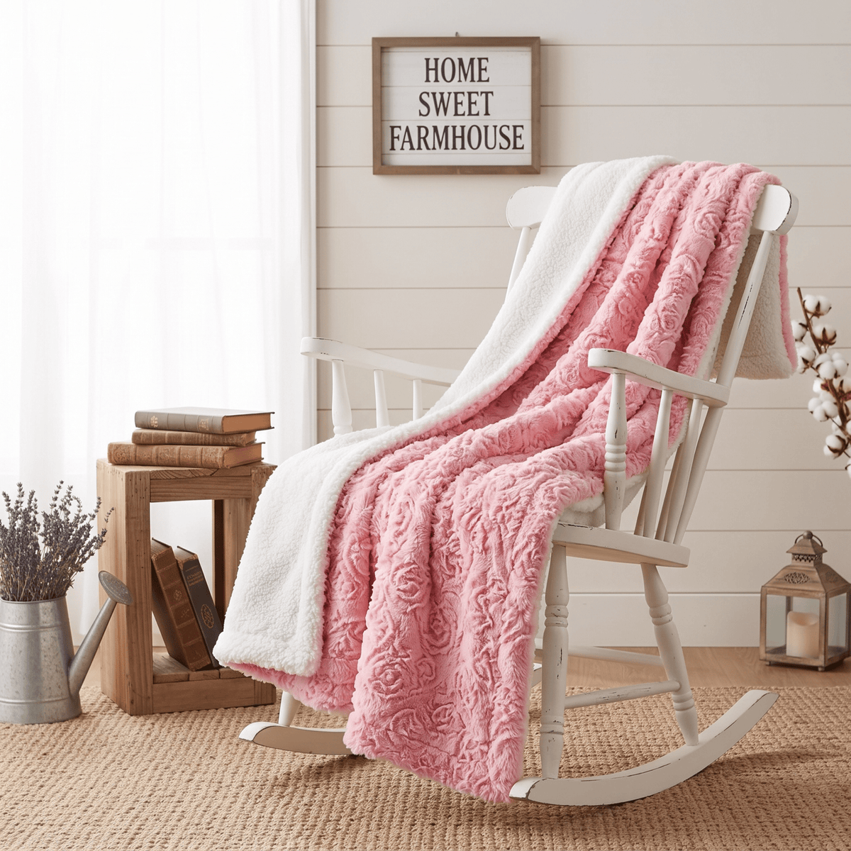 Luxury Blossom Pink Rose Buds Pink Sherpa Backside Faux Fur Throw Blanket