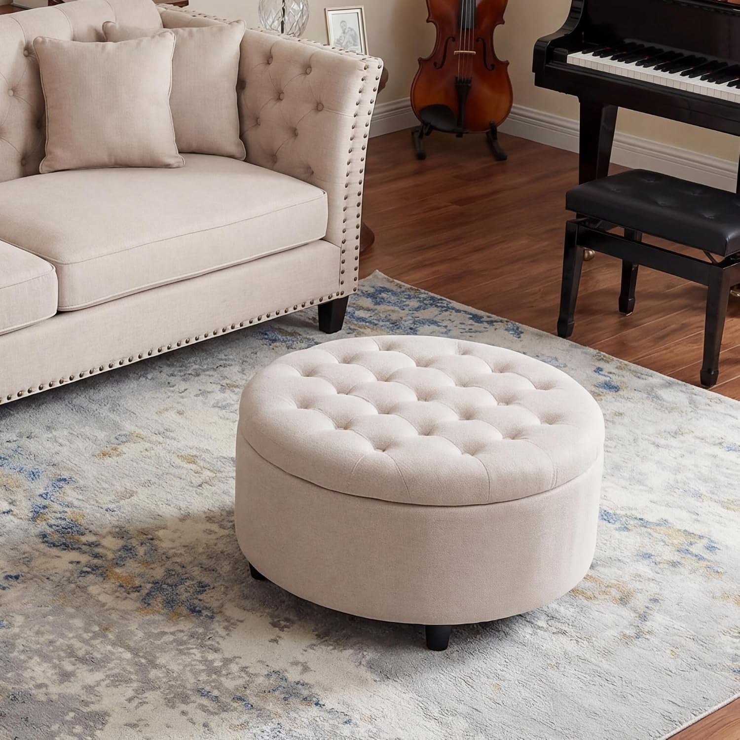 round Hidden Storage Ottoman with Reversible Tray Lid – Multi-Functional Footrest, Sturdy & Stylish Fabric Coffee Table for Living Room, Bedroom, or Entryway, Beige