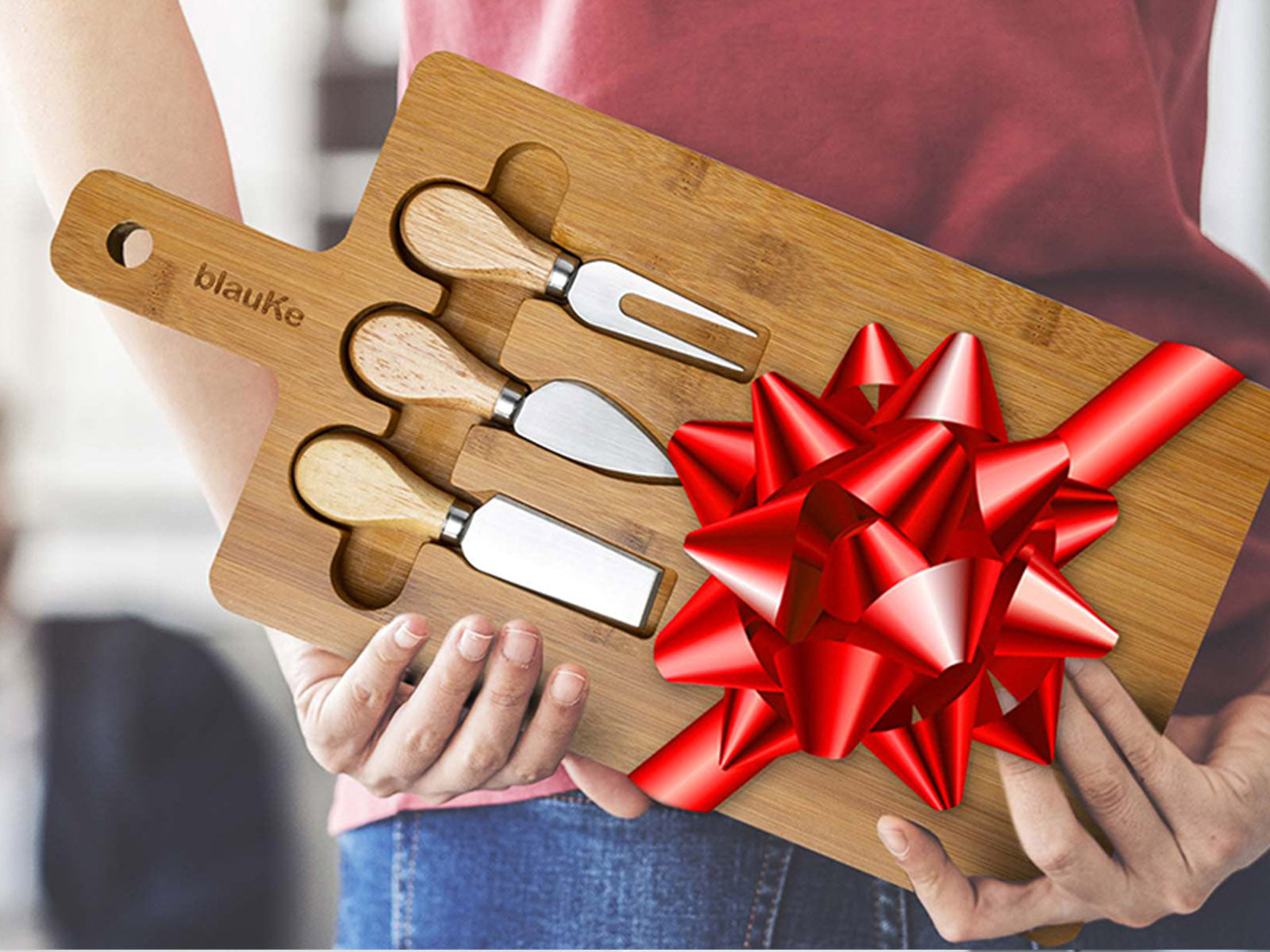 Bamboo Cheese Board and Knife Set - Wood Serving Tray with Handle
